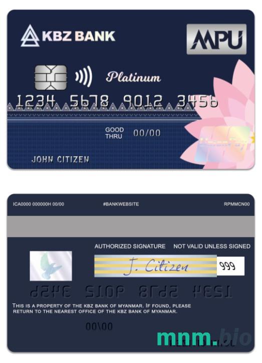 Myanmar KBZ Bank UnionPay platyna credit karta przykład w formacie PSD